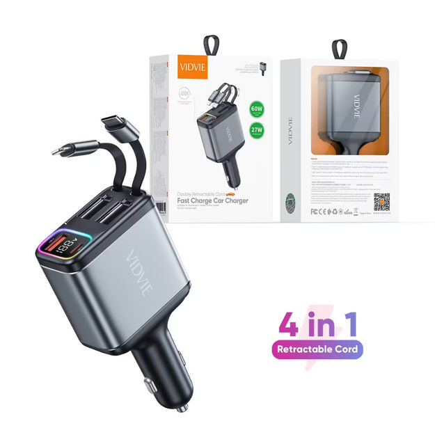 Picture of VIDVIE Double Retractable Cord Fast Charge Car Charger (CC539) — Type-C & Lightning
